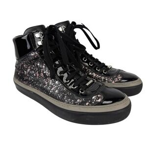 JIMMY‎ CHOO Black Glitter Patent & Genuine Leather High-Top Sneakers EU 41